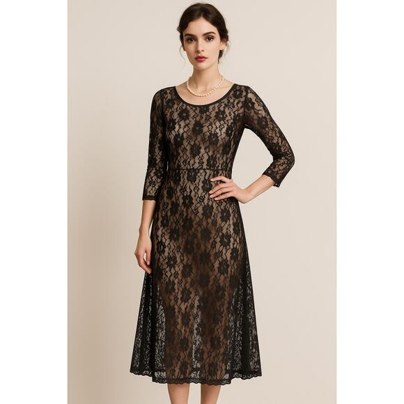 Vtg 90s Petite Jazz Floral Lace Whimsigoth Gothic Romantic Midi Dress, Medium - Picture 2 of 11